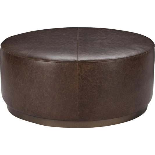 Clair Leather Round Coffee Table by Classic Home in brown, brass. Made from top grain leather in a unique style.