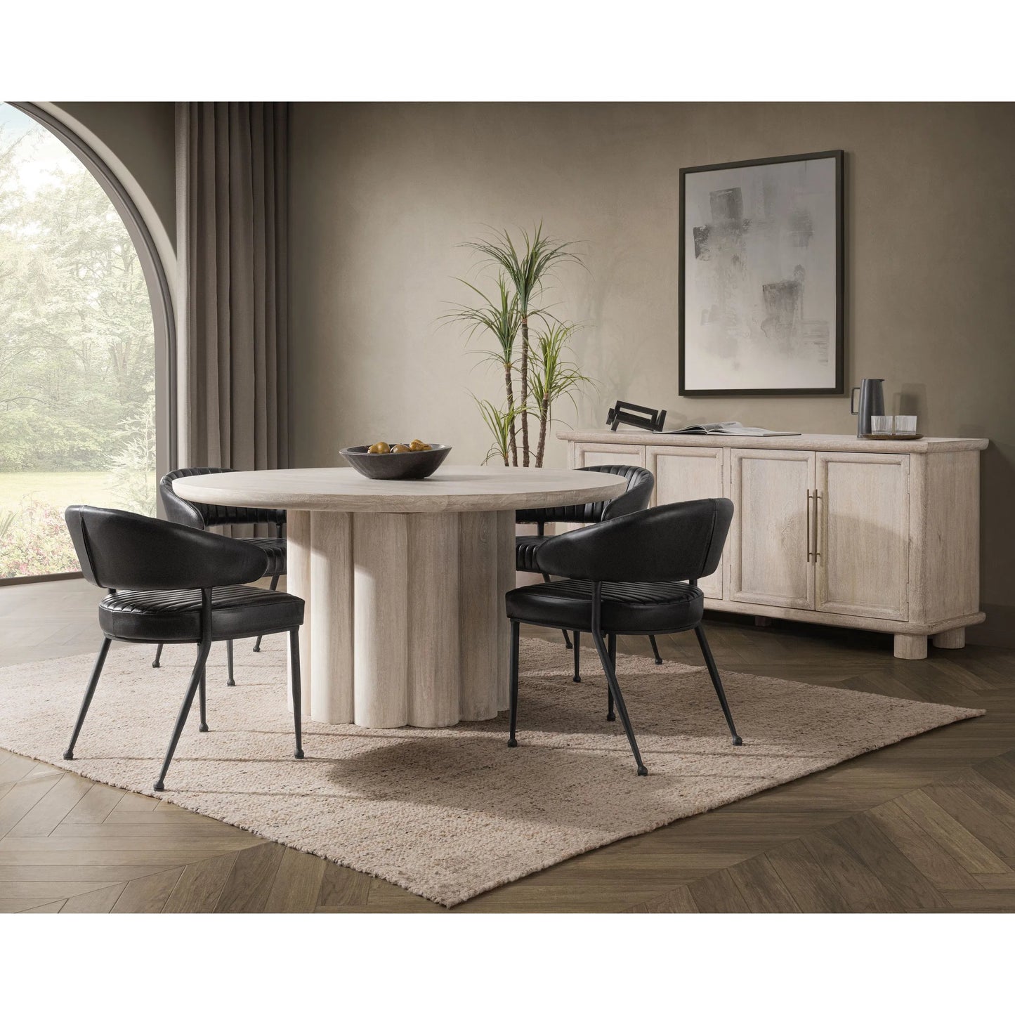 010 SI-2353711 | Lifestyle | Beau Mango Wood Round Dining Table by Kosas Home in matte natural. Made from mango wood in a transitional style.