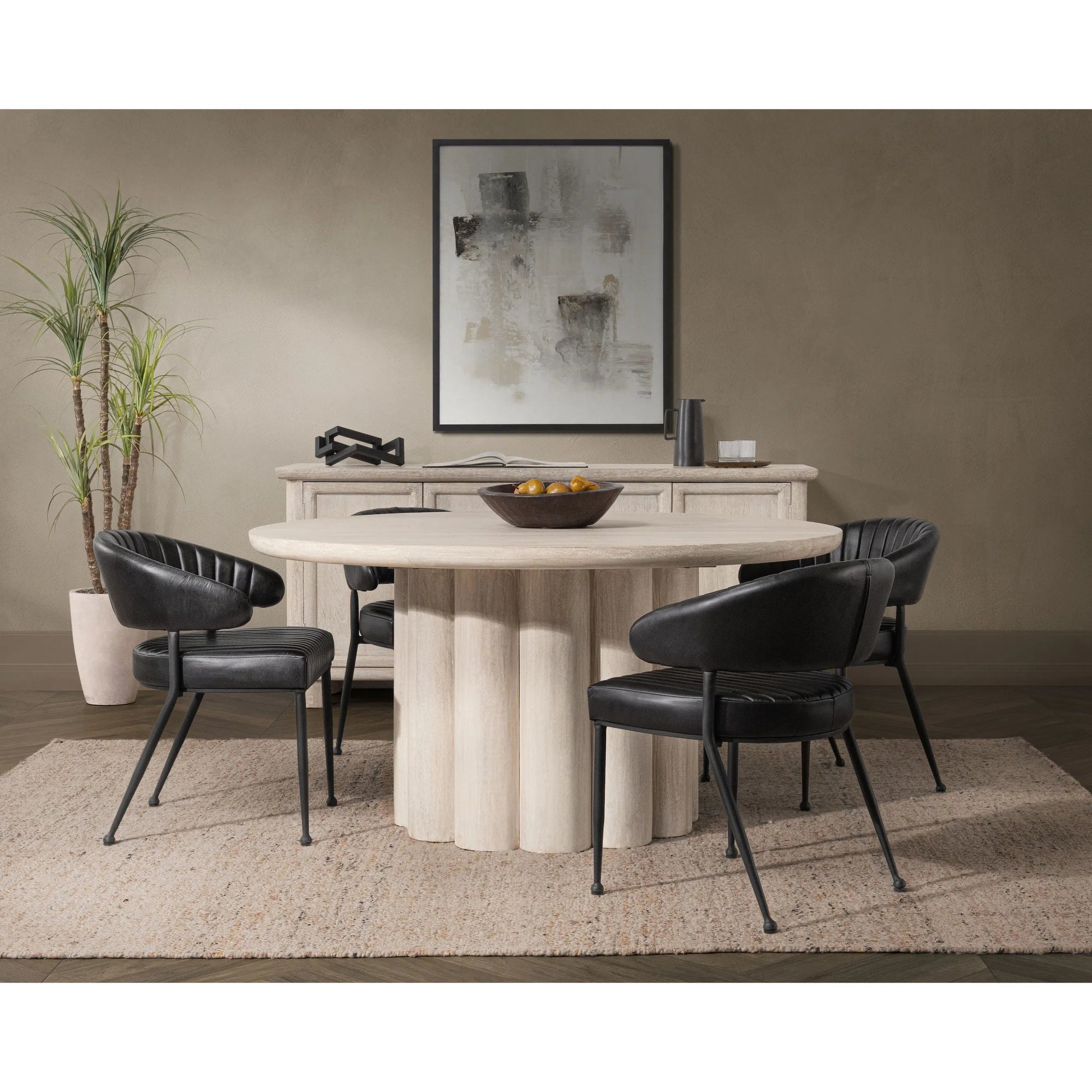 Beau Mango Wood Round Dining Table by Kosas Home in matte natural. Made from mango wood in a transitional style.