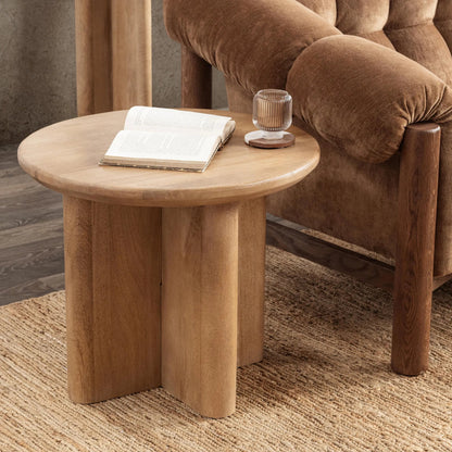 Montengo Solid Round End Table by Classic Home in natural maple. Made from mango wood in a unique style.