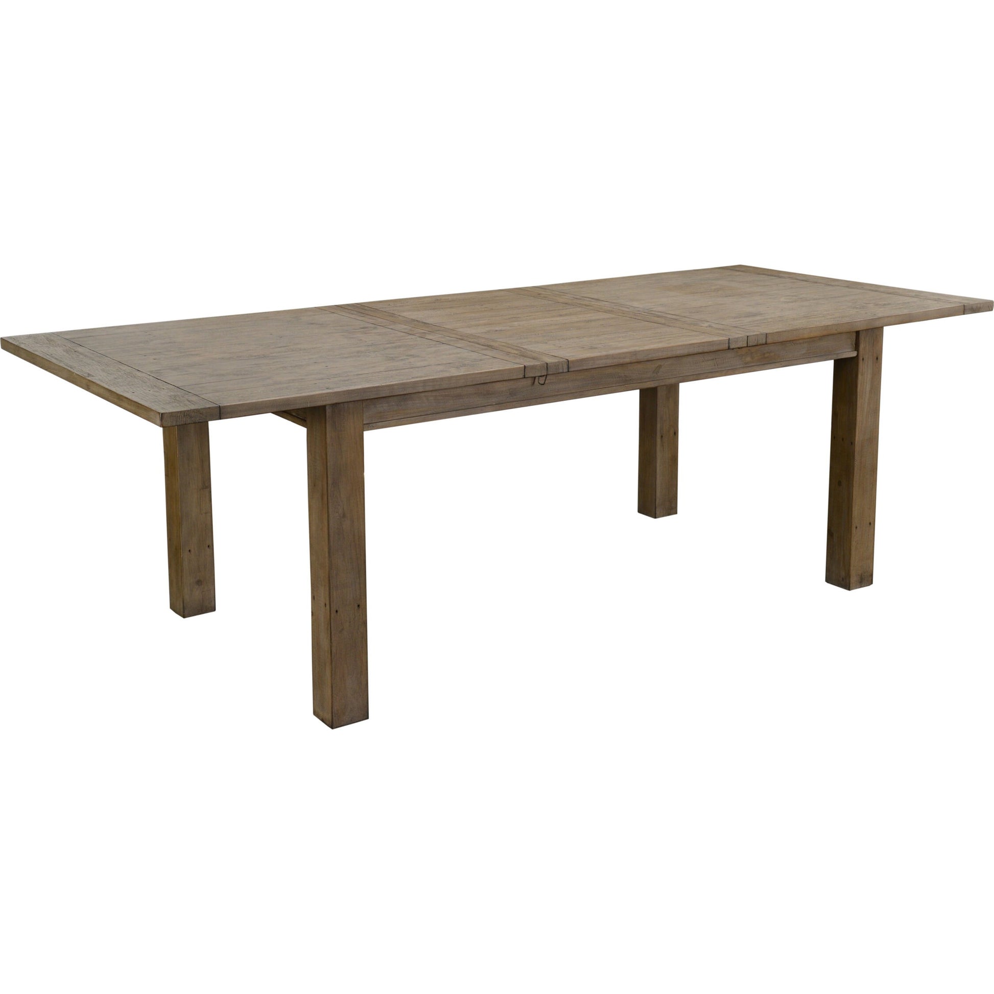 Driftwood Extension Dining Table by Kosas Home in desert gray. Made from reclaimed pine wood in a rustic style.