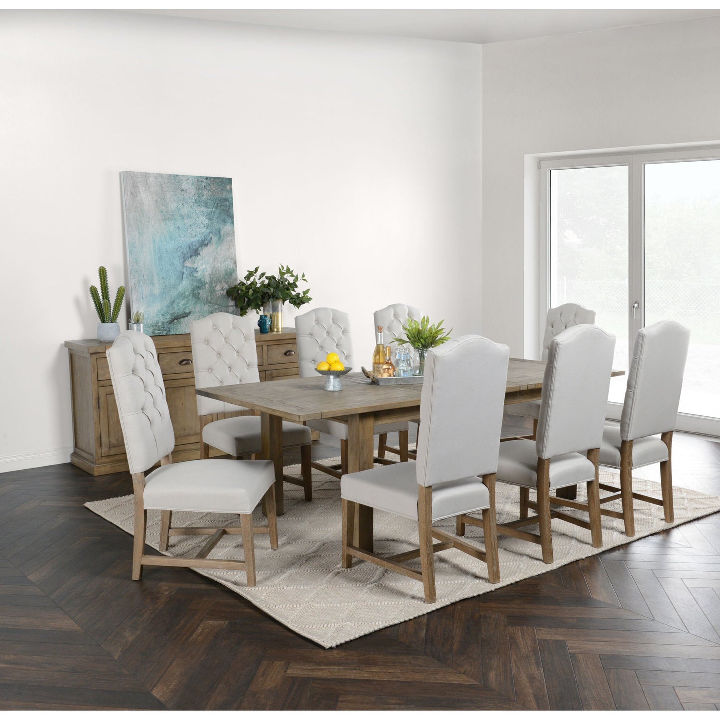 008 SR-897692 | Lifestyle | Driftwood Extension Dining Table by Kosas Home in desert gray. Made from reclaimed pine wood in a rustic style.