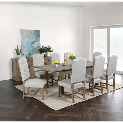 Driftwood Extension Dining Table by Kosas Home in desert gray. Made from reclaimed pine wood in a rustic style.