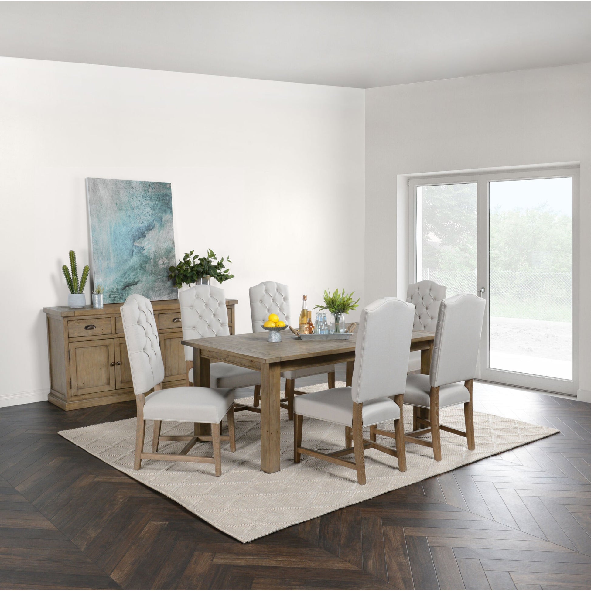 Driftwood Extension Dining Table by Kosas Home in desert gray. Made from reclaimed pine wood in a rustic style.
