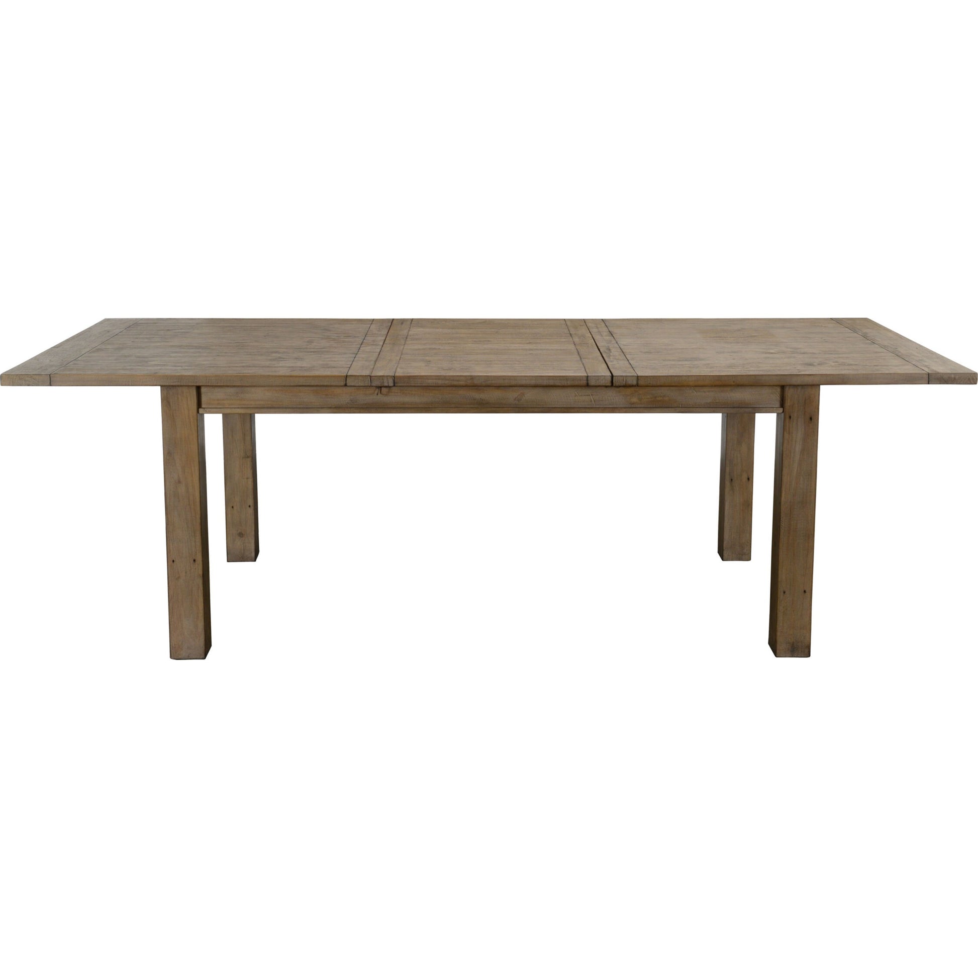 Driftwood Extension Dining Table by Kosas Home in desert gray. Made from reclaimed pine wood in a rustic style.