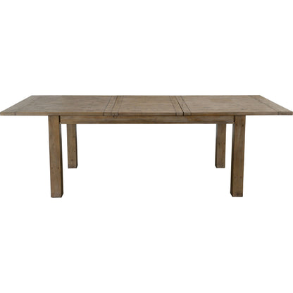 Driftwood Extension Dining Table by Kosas Home in desert gray. Made from reclaimed pine wood in a rustic style.
