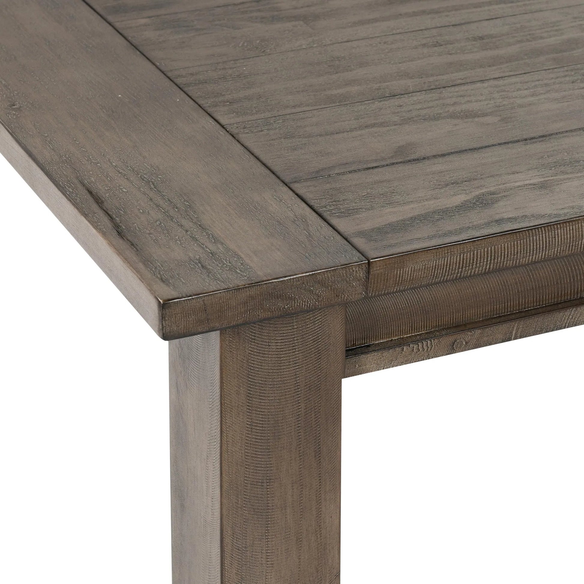 Driftwood Dining Table by Kosas Home in desert gray. Made from reclaimed pine wood in a rustic style.