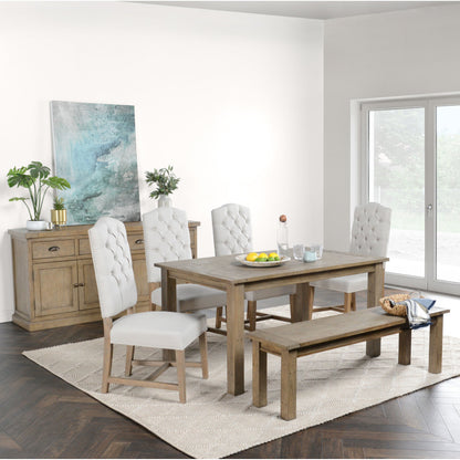 Driftwood Dining Table by Kosas Home in desert gray. Made from reclaimed pine wood in a rustic style.
