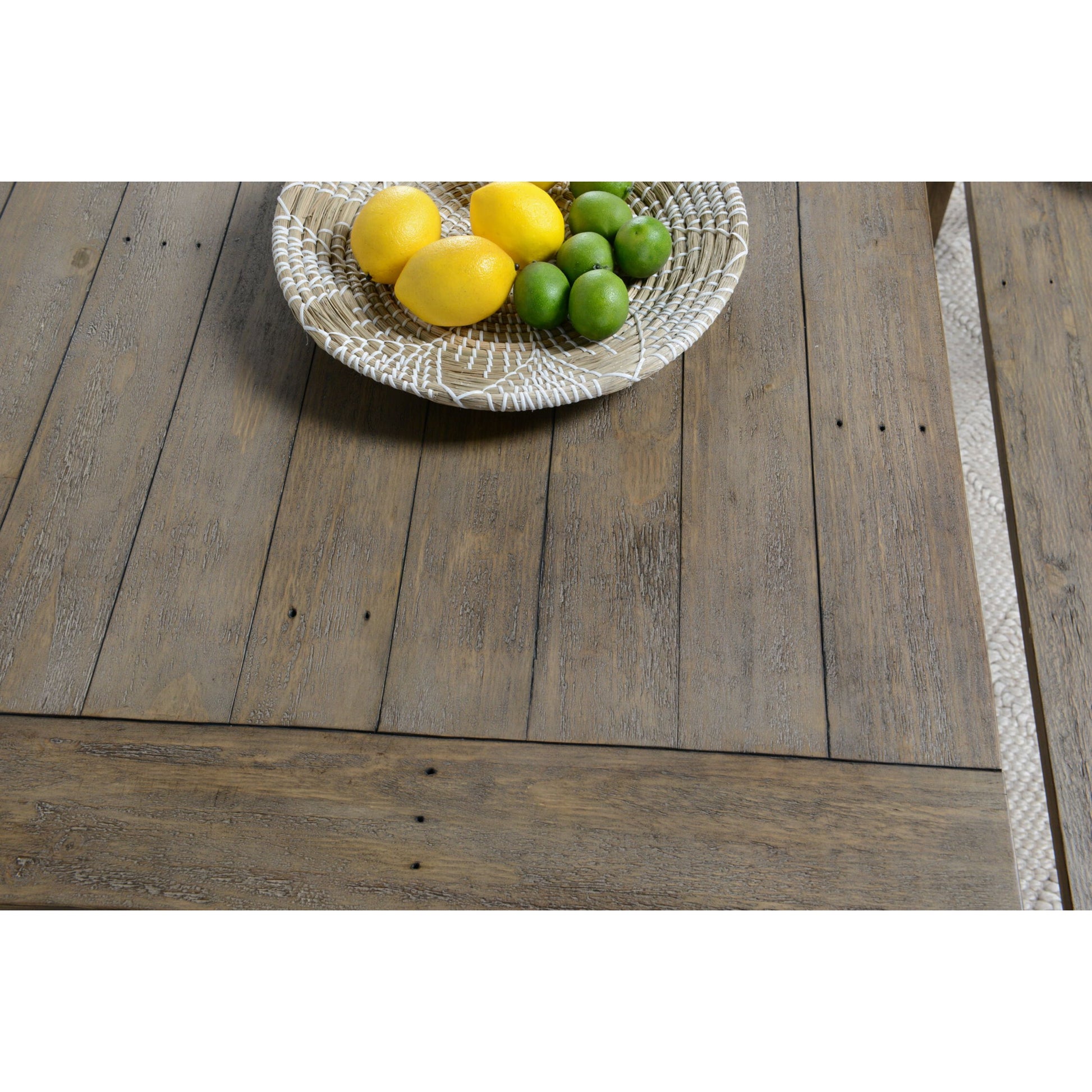 Driftwood Dining Table by Kosas Home in desert gray. Made from reclaimed pine wood in a rustic style.