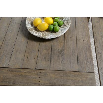 Driftwood Dining Table by Kosas Home in desert gray. Made from reclaimed pine wood in a rustic style.
