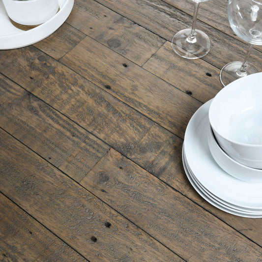 Tuscany Extension Dining Table by Kosas Home in desert gray. Made from reclaimed pine wood in a rustic style.