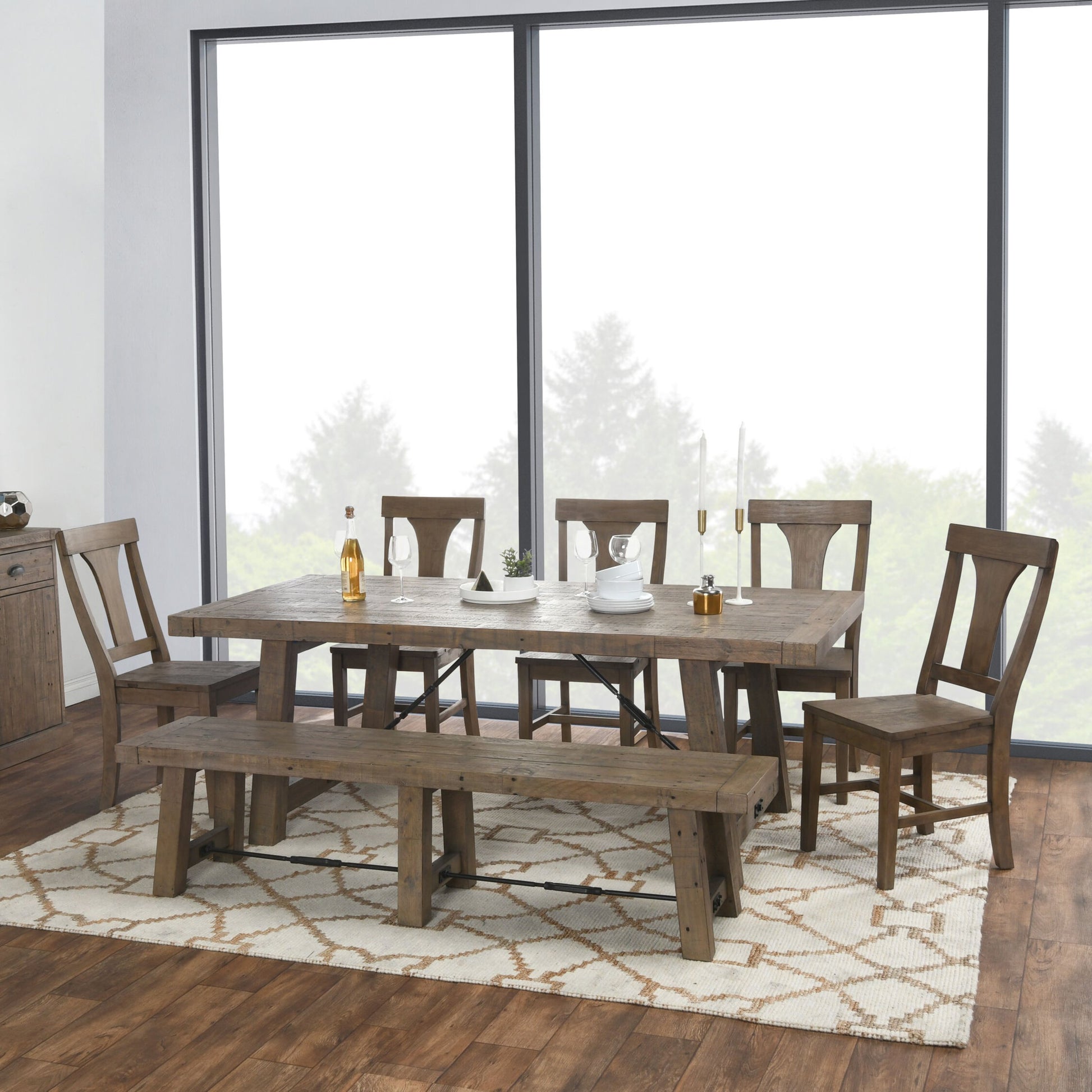 Tuscany Extension Dining Table by Kosas Home in desert gray. Made from reclaimed pine wood in a rustic style.