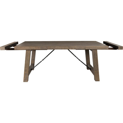 Tuscany Extension Dining Table by Kosas Home in desert gray. Made from reclaimed pine wood in a rustic style.