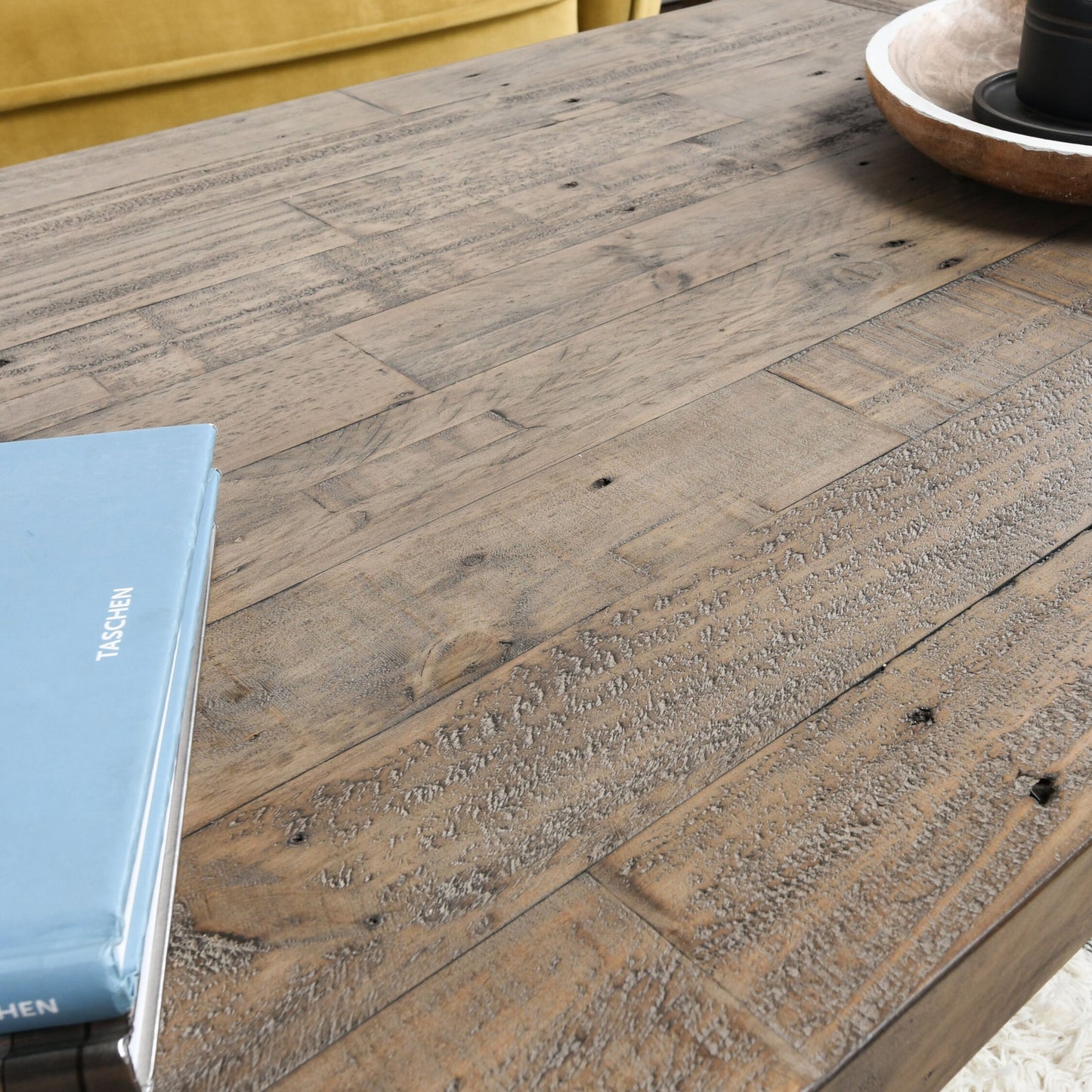 005 SR-897831 | Closeup | Tuscany Coffee Table by Kosas Home in weathered gray. Made from reclaimed pine wood in a rustic style.