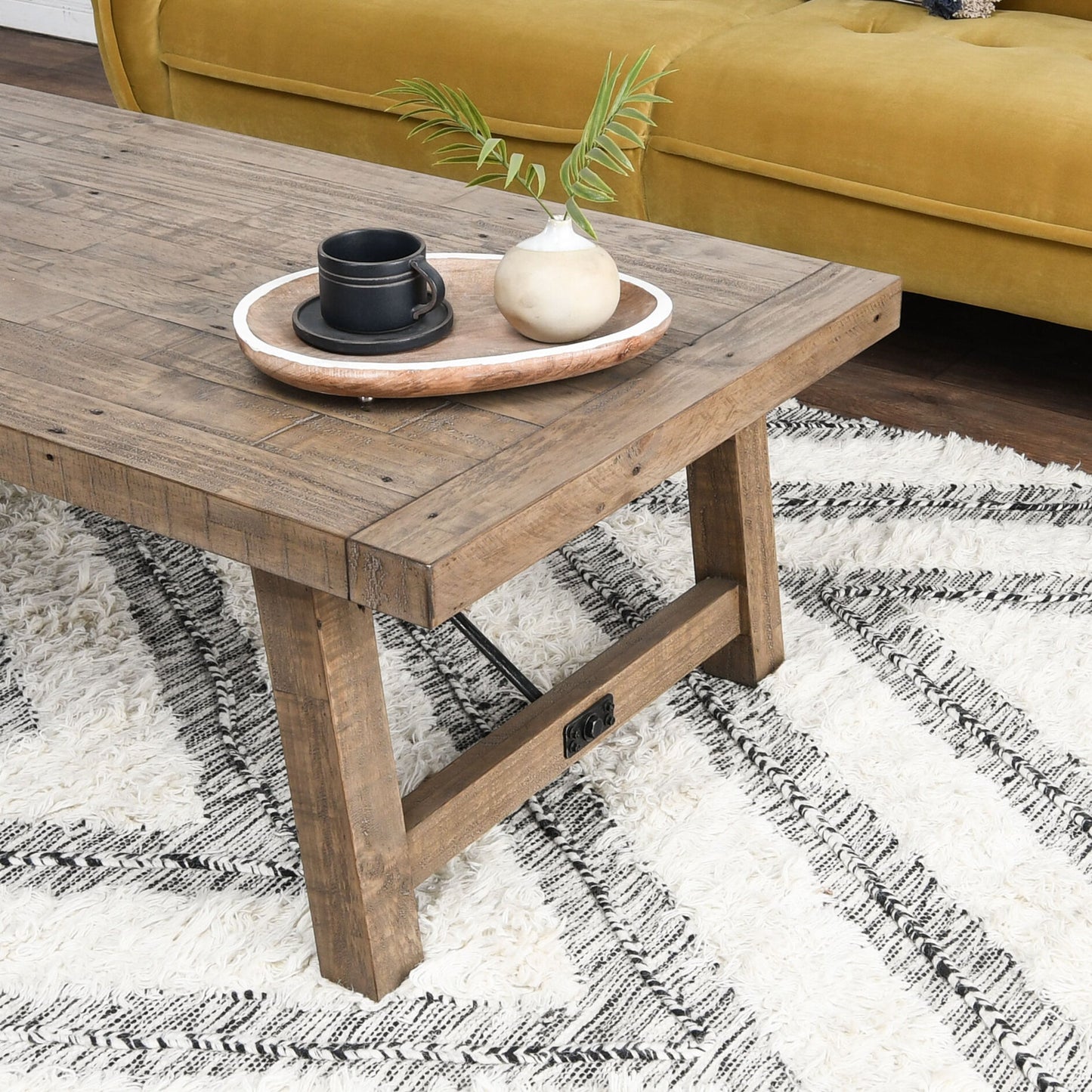 006 SR-897831 | Closeup | Tuscany Coffee Table by Kosas Home in weathered gray. Made from reclaimed pine wood in a rustic style.