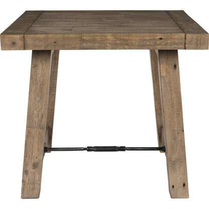 Tuscany End Table by Kosas Home in weathered gray. Made from reclaimed pine wood in a rustic style.
