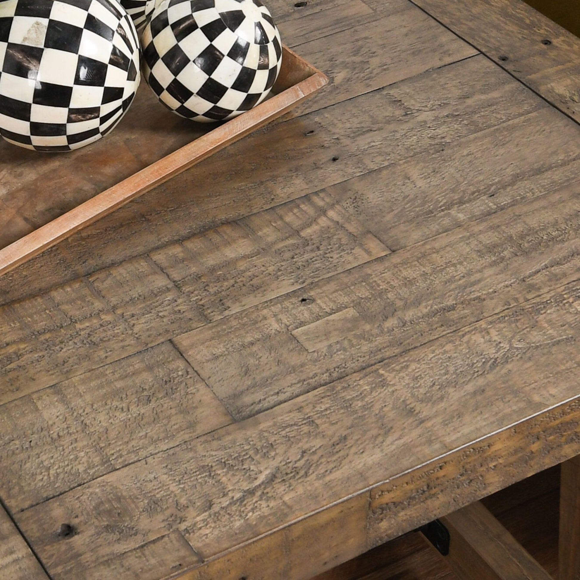 Tuscany End Table by Kosas Home in weathered gray. Made from reclaimed pine wood in a rustic style.