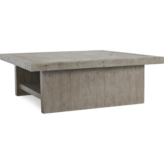 001 None | Unknown | Stonebrigdge Square Coffee Table by Classic Home in distressed grey, antique gray. Made from reclaimed pine, concrete laminate top in a modern style.