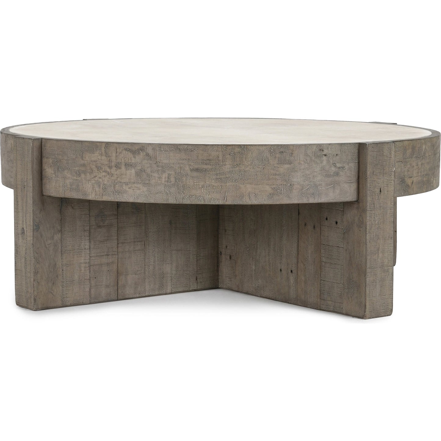 001 SI-2160261 | Primary Silo | Sonoma Round Reclaimed Pine Coffee Table by Classic Home in corsican grey & antique white top. Made from reclaimed pine, concrete laminate top in a modern style.