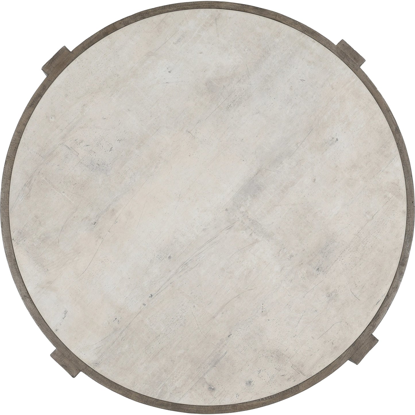 003 SI-2160261 | Closeup | Sonoma Round Reclaimed Pine Coffee Table by Classic Home in corsican grey & antique white top. Made from reclaimed pine, concrete laminate top in a modern style.