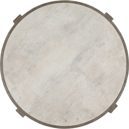 Sonoma Round Reclaimed Pine Coffee Table by Classic Home in corsican grey & antique white top. Made from reclaimed pine, concrete laminate top in a modern style.