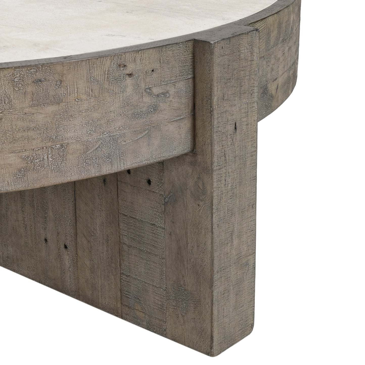 004 SI-2160261 | Closeup | Sonoma Round Reclaimed Pine Coffee Table by Classic Home in corsican grey & antique white top. Made from reclaimed pine, concrete laminate top in a modern style.