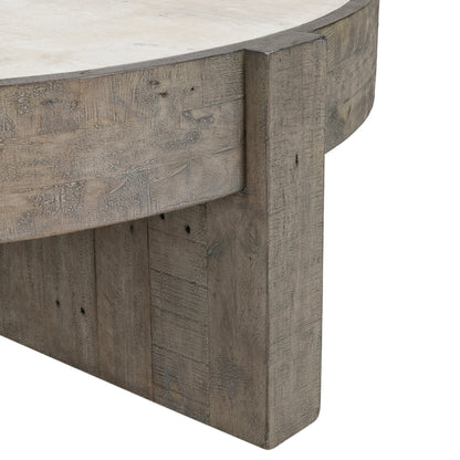 Sonoma Round Reclaimed Pine Coffee Table by Classic Home in corsican grey & antique white top. Made from reclaimed pine, concrete laminate top in a modern style.