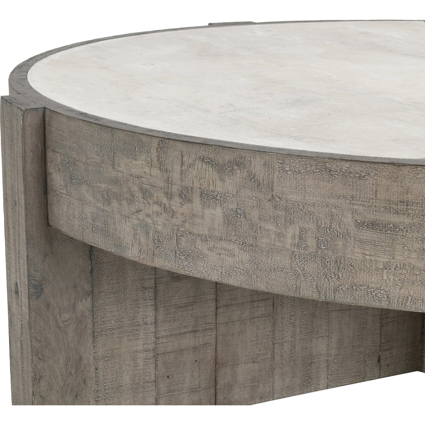 005 SI-2160261 | Closeup | Sonoma Round Reclaimed Pine Coffee Table by Classic Home in corsican grey & antique white top. Made from reclaimed pine, concrete laminate top in a modern style.
