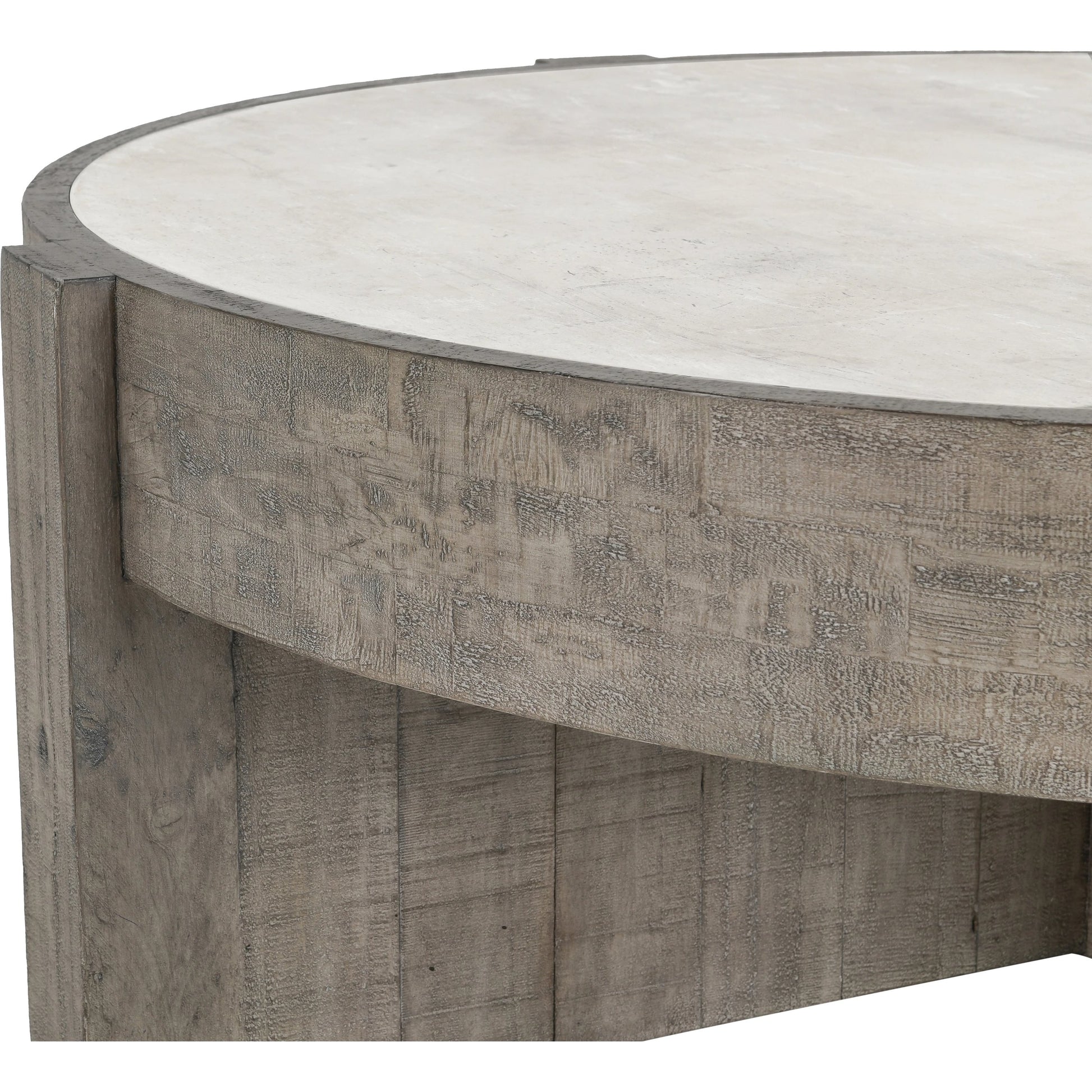 Sonoma Round Reclaimed Pine Coffee Table by Classic Home in corsican grey & antique white top. Made from reclaimed pine, concrete laminate top in a modern style.