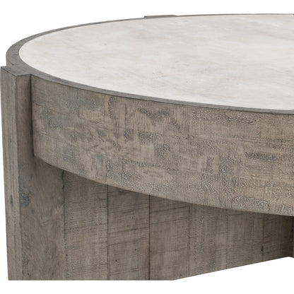 Sonoma Round Reclaimed Pine Coffee Table by Classic Home in corsican grey & antique white top. Made from reclaimed pine, concrete laminate top in a modern style.