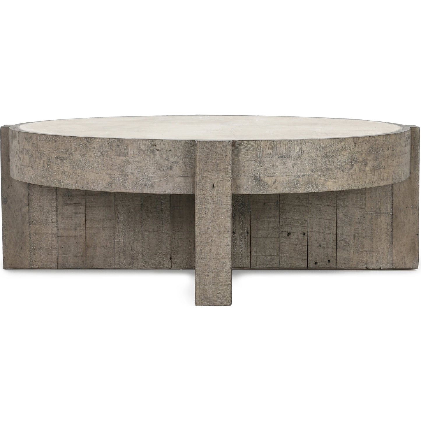 002 SI-2160261 | Additional Silo | Sonoma Round Reclaimed Pine Coffee Table by Classic Home in corsican grey & antique white top. Made from reclaimed pine, concrete laminate top in a modern style.