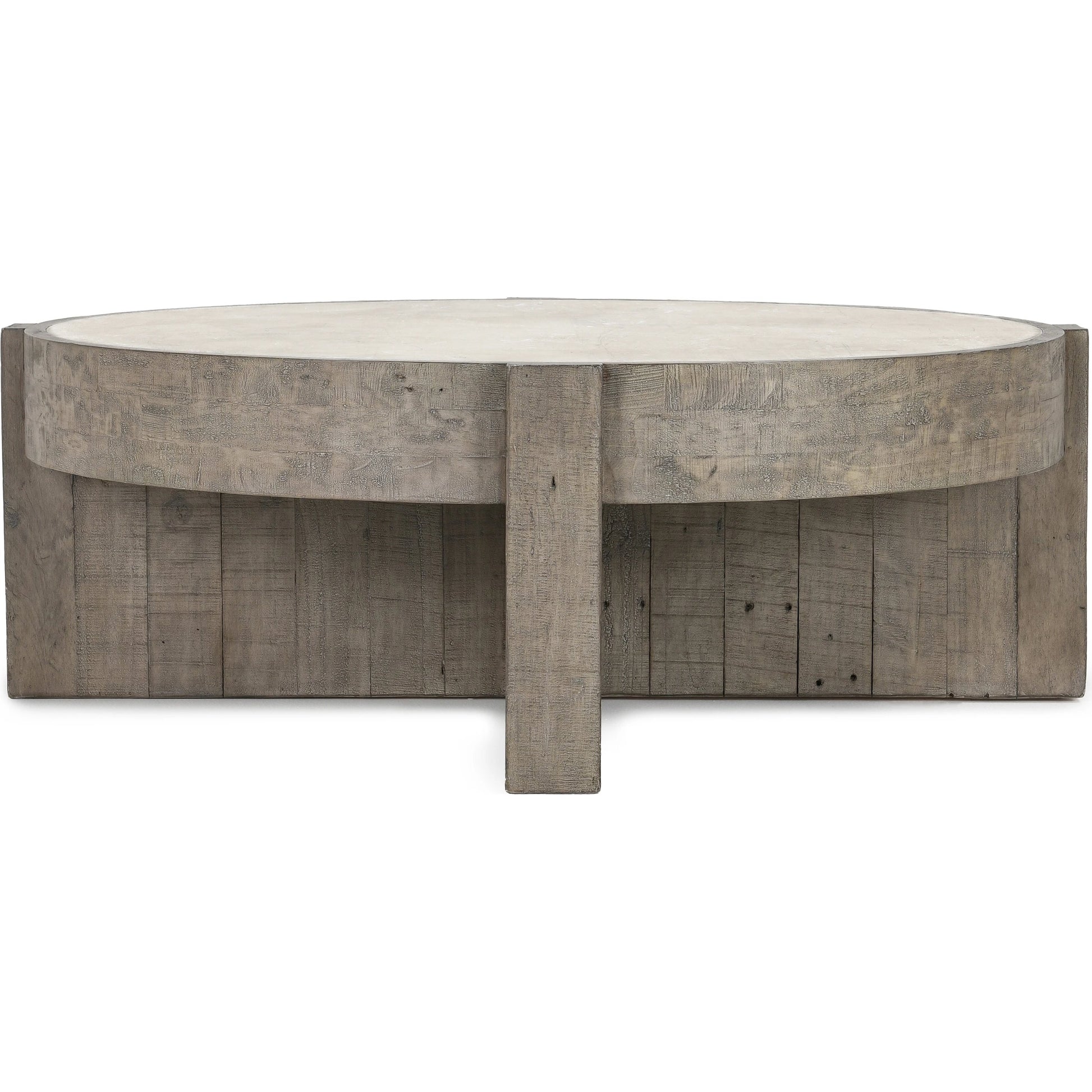 Sonoma Round Reclaimed Pine Coffee Table by Classic Home in corsican grey & antique white top. Made from reclaimed pine, concrete laminate top in a modern style.