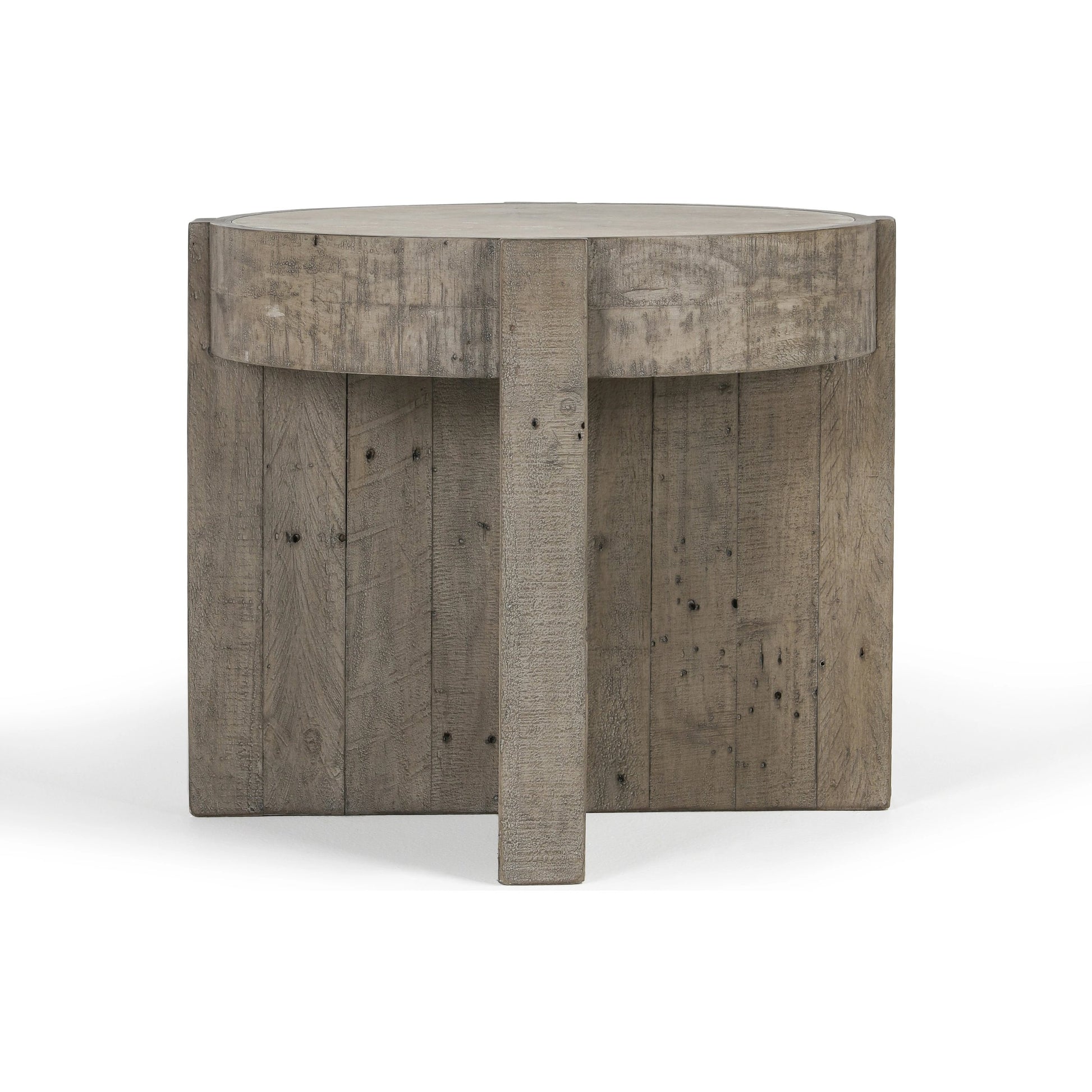 Sonoma Round Reclaimed Pine End Table by Classic Home in corsican grey & antique white top. Made from reclaimed pine, concrete laminate top in a modern style.