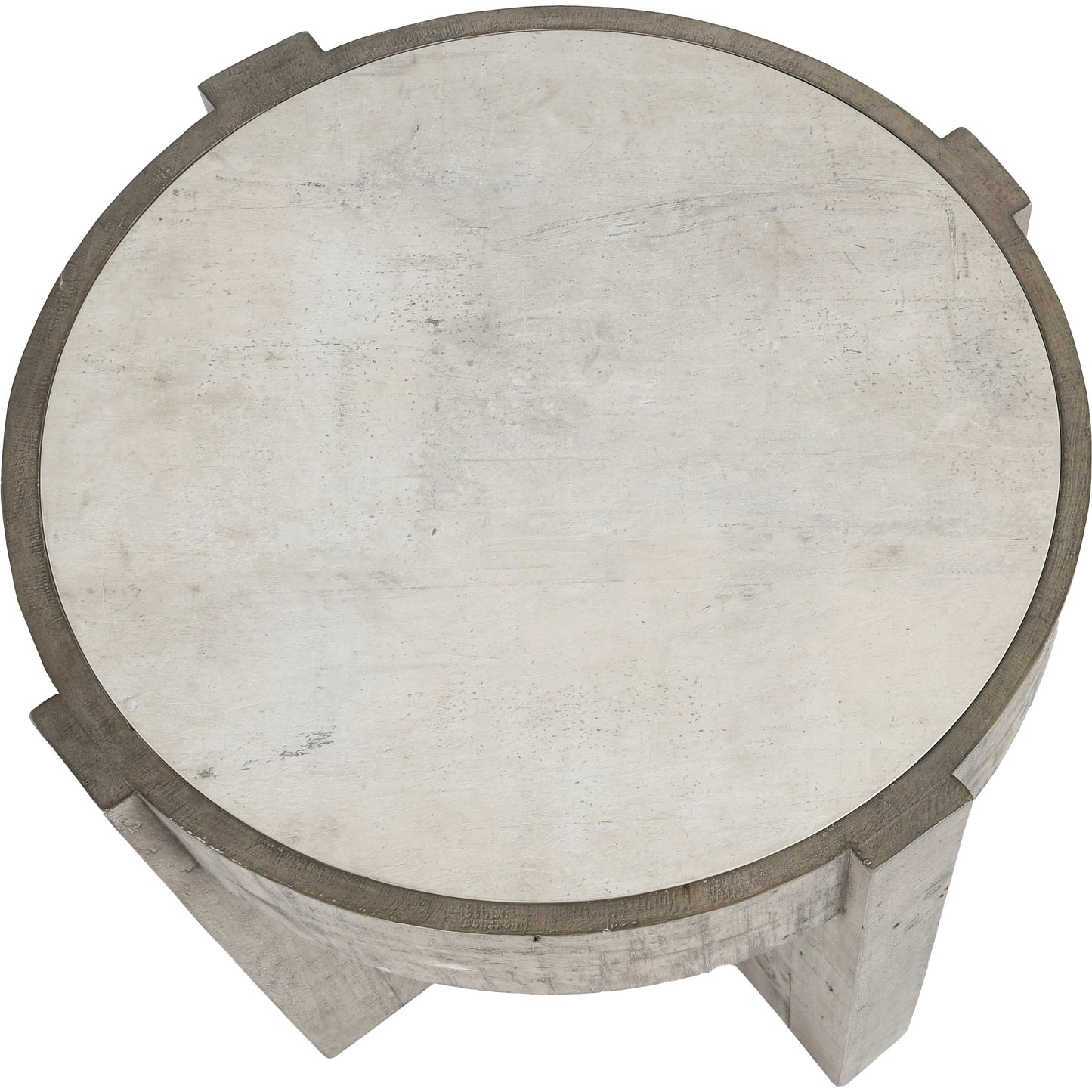 003 SI-2160262 | Closeup | Sonoma Round Reclaimed Pine End Table by Classic Home in corsican grey & antique white top. Made from reclaimed pine, concrete laminate top in a modern style.