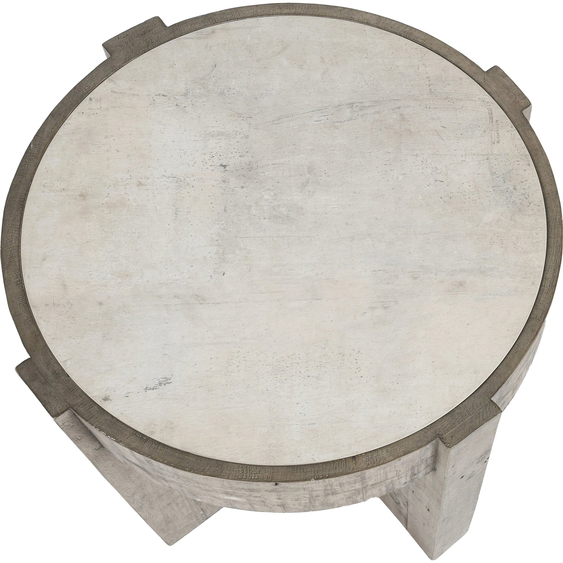 Sonoma Round Reclaimed Pine End Table by Classic Home in corsican grey & antique white top. Made from reclaimed pine, concrete laminate top in a modern style.