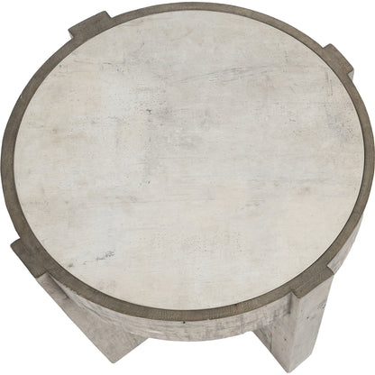 Sonoma Round Reclaimed Pine End Table by Classic Home in corsican grey & antique white top. Made from reclaimed pine, concrete laminate top in a modern style.
