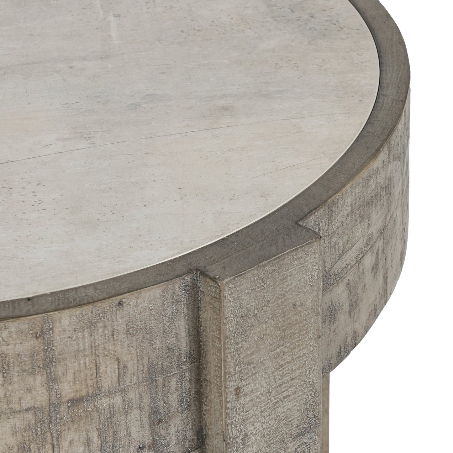004 SI-2160262 | Closeup | Sonoma Round Reclaimed Pine End Table by Classic Home in corsican grey & antique white top. Made from reclaimed pine, concrete laminate top in a modern style.
