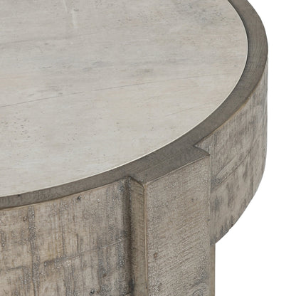Sonoma Round Reclaimed Pine End Table by Classic Home in corsican grey & antique white top. Made from reclaimed pine, concrete laminate top in a modern style.