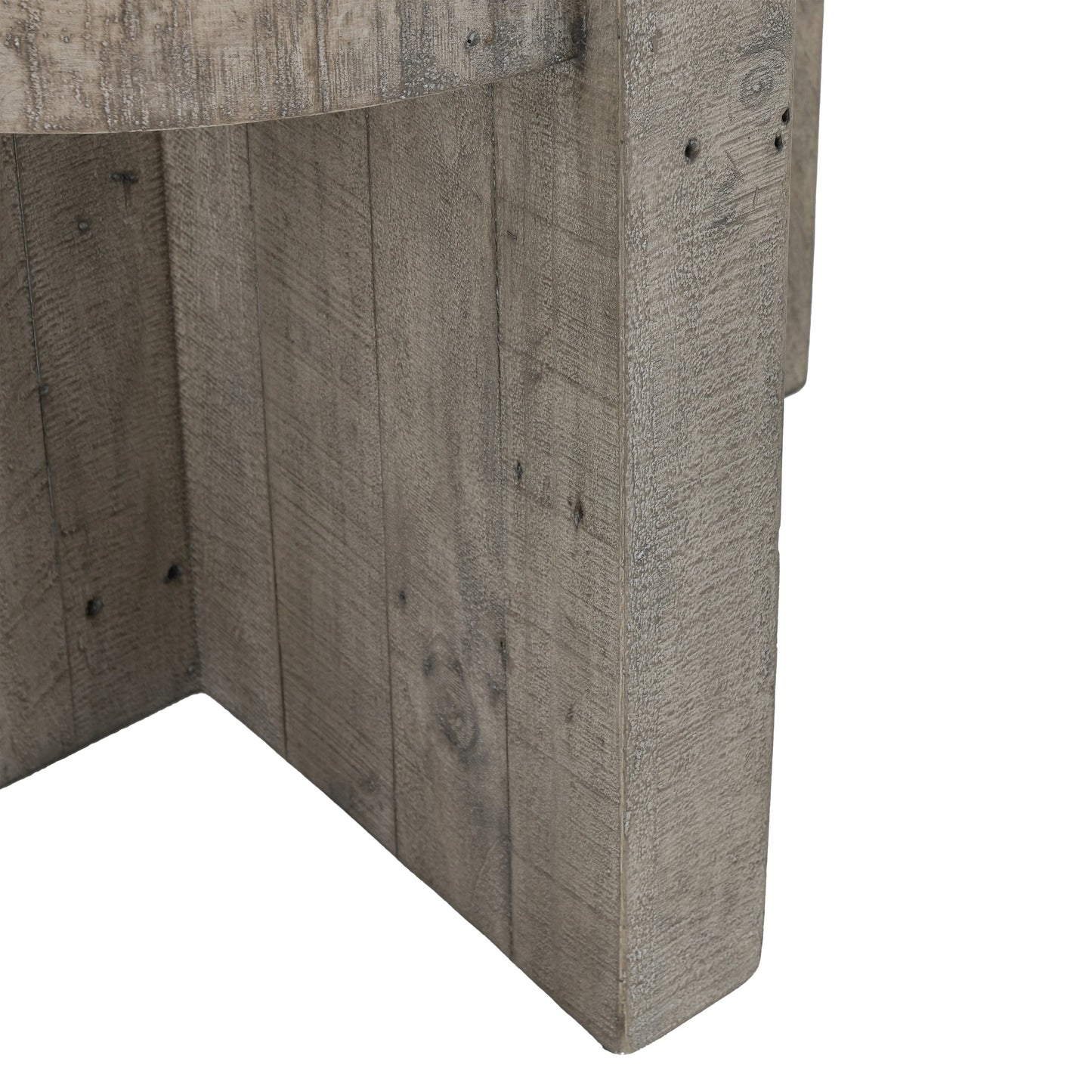 005 SI-2160262 | Closeup | Sonoma Round Reclaimed Pine End Table by Classic Home in corsican grey & antique white top. Made from reclaimed pine, concrete laminate top in a modern style.