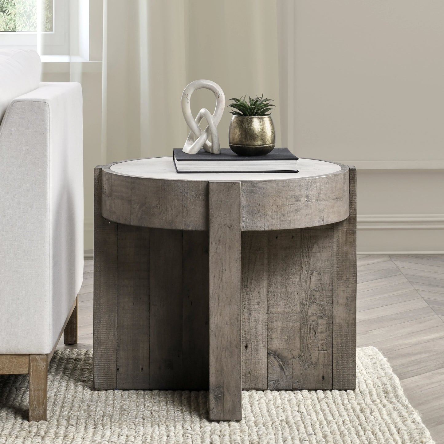 006 SI-2160262 | Lifestyle | Sonoma Round Reclaimed Pine End Table by Classic Home in corsican grey & antique white top. Made from reclaimed pine, concrete laminate top in a modern style.