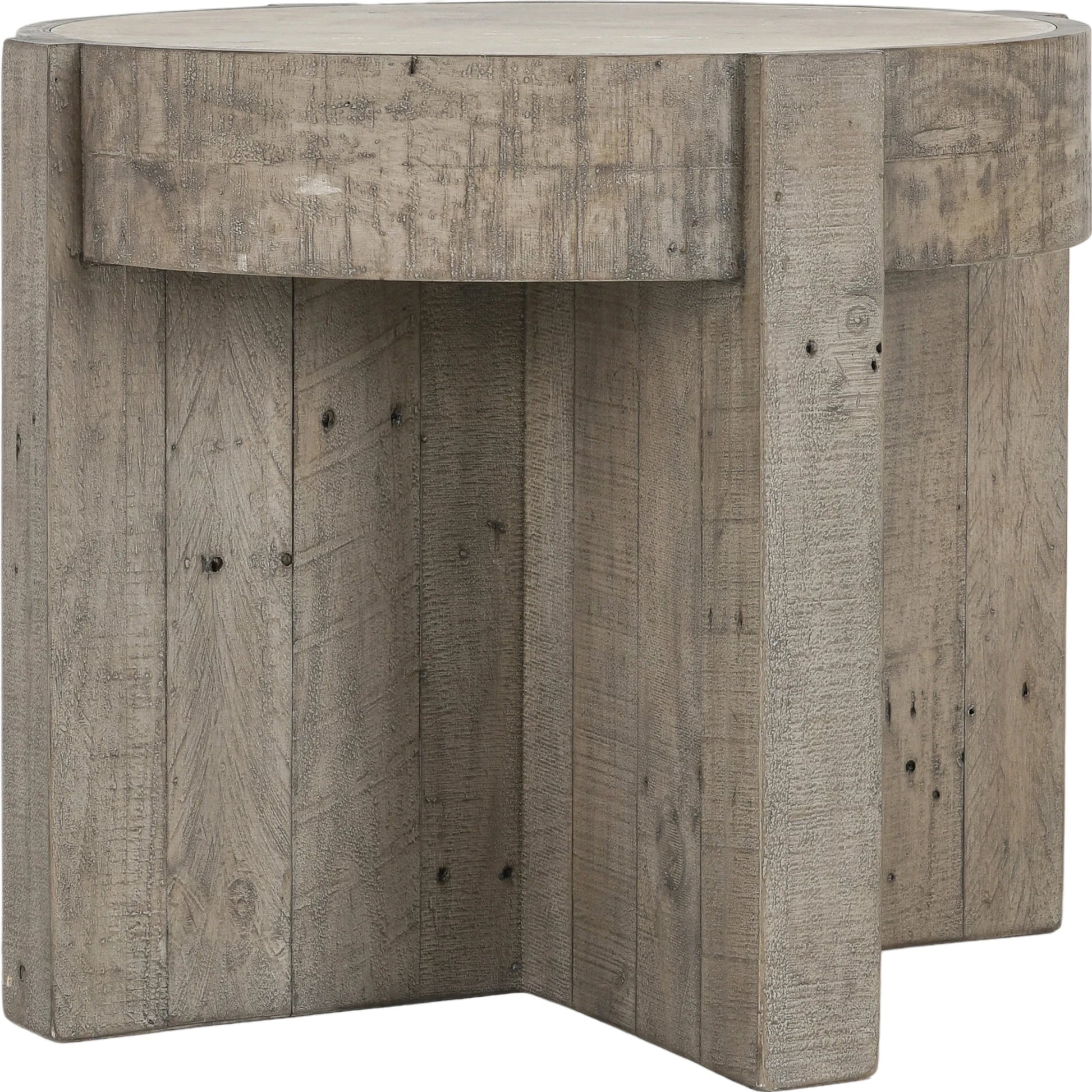 Sonoma Round Reclaimed Pine End Table by Classic Home in corsican grey & antique white top. Made from reclaimed pine, concrete laminate top in a modern style.