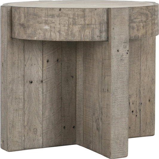 001 None | Unknown | Sonoma Round Reclaimed Pine End Table by Classic Home in corsican grey & antique white top. Made from reclaimed pine, concrete laminate top in a modern style.