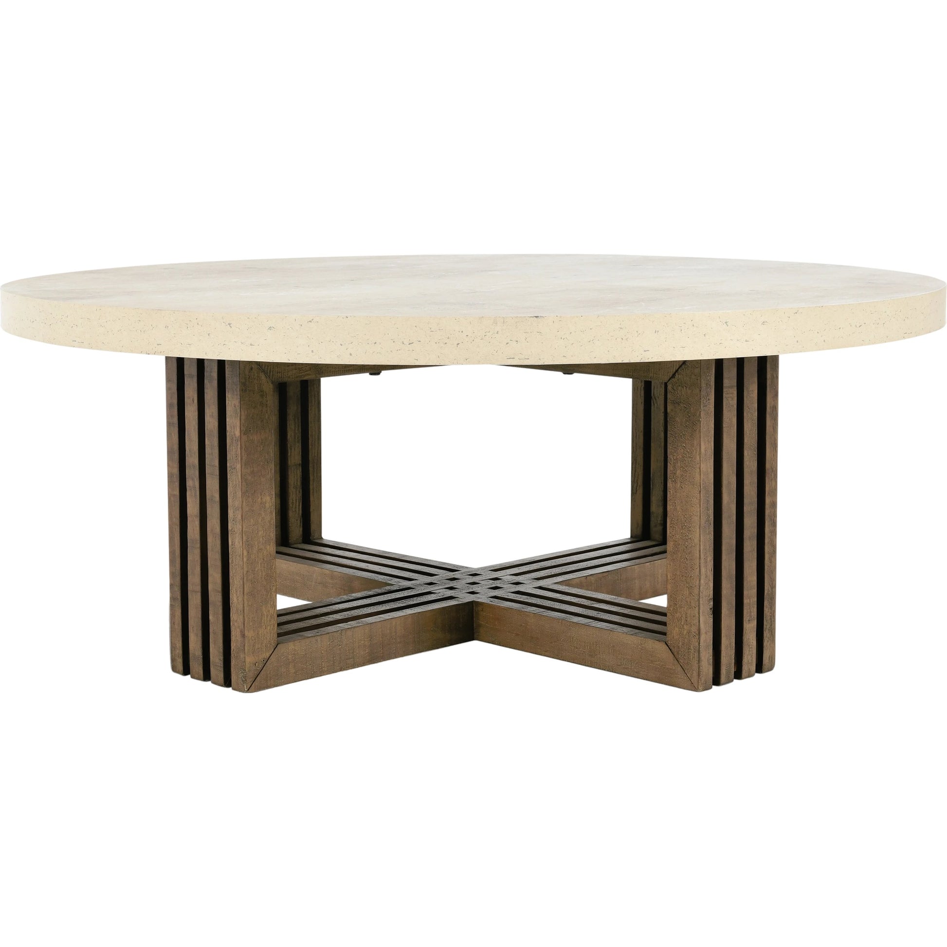 Aspen Round Coffee Table by Classic Home in antique white, weathered grey. Made from concrete laminate, reclaimed pine in a modern style.