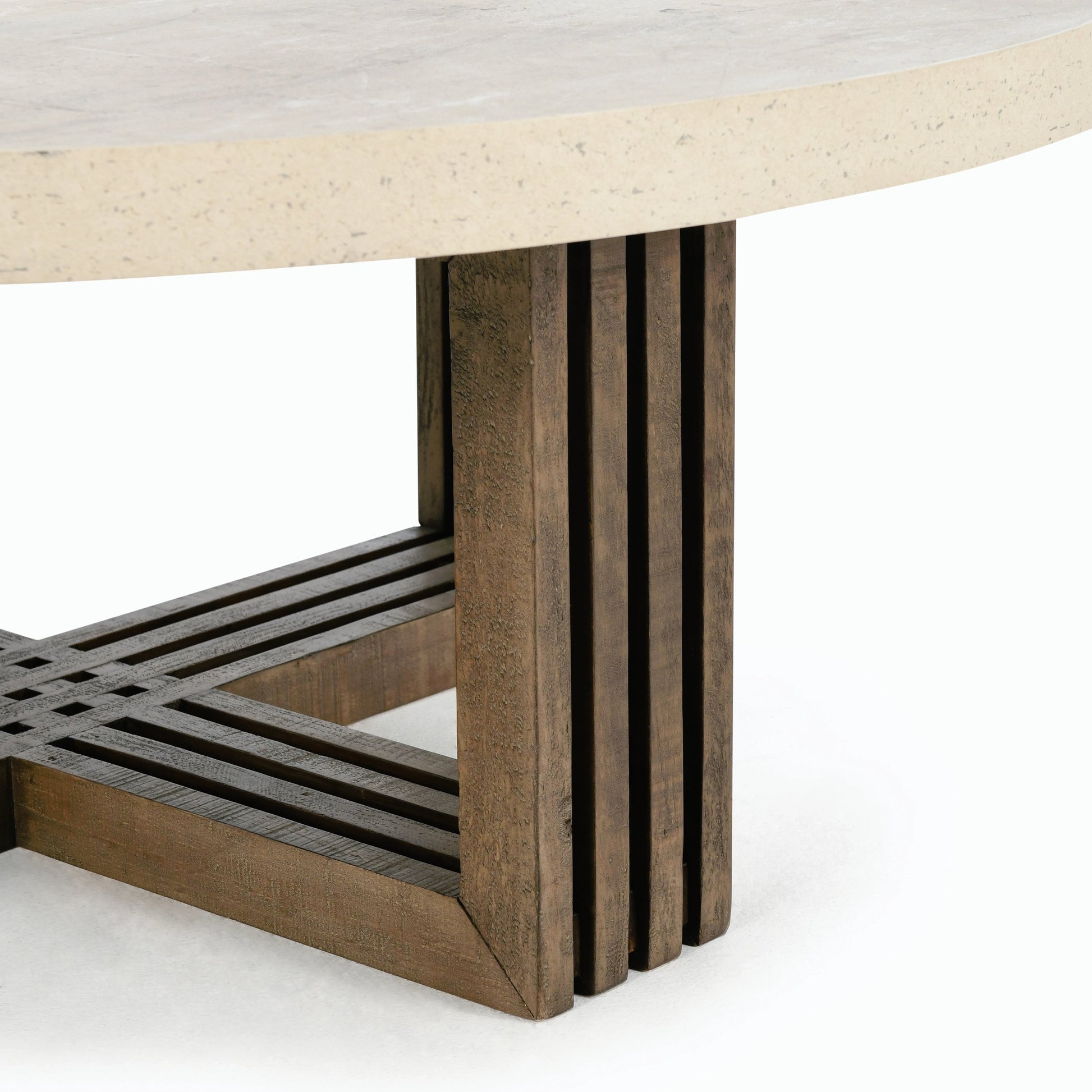 Aspen Round Coffee Table by Classic Home in antique white, weathered grey. Made from concrete laminate, reclaimed pine in a modern style.