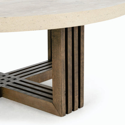 Aspen Round Coffee Table by Classic Home in antique white, weathered grey. Made from concrete laminate, reclaimed pine in a modern style.
