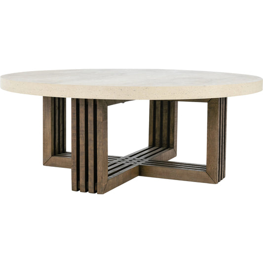 Aspen Round Coffee Table by Classic Home in antique white, weathered grey. Made from concrete laminate, reclaimed pine in a modern style.