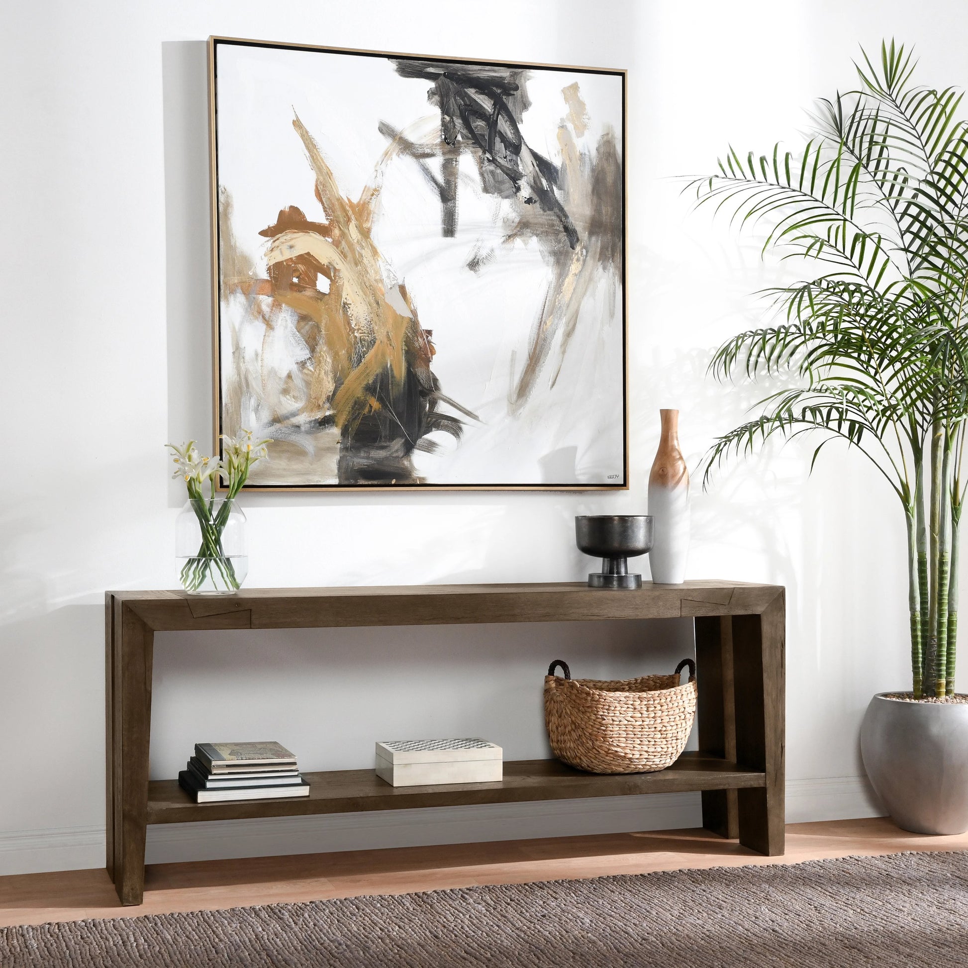 Troy Oak Console Table by Classic Home in brown. Made from oak wood in a modern style.