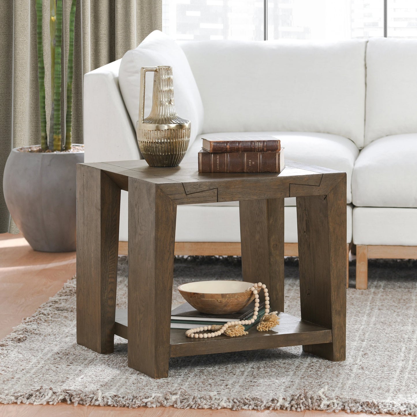 006 SI-2160267 | Lifestyle | Troy Oak End Table by Classic Home in brown. Made from oak wood in a modern style.