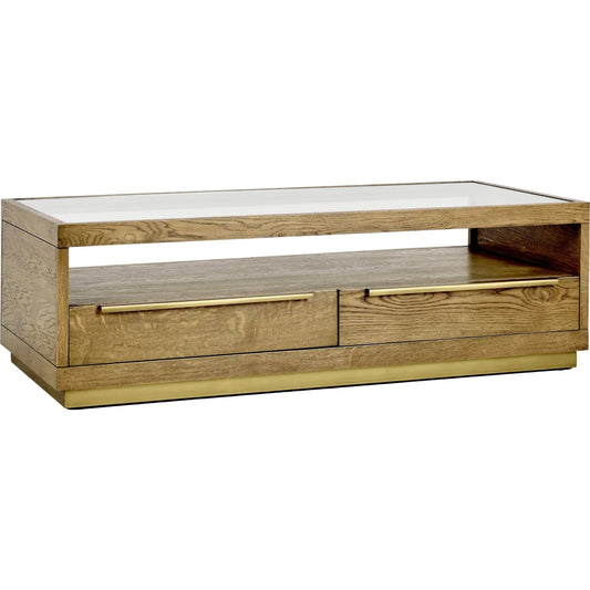 Fallbook Four-Drawer Coffee Table by Classic Home in brown, gold. Made from oak veneer, metal, glass in a modern style.