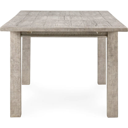 Driftwood Reclaimed Pine Extension Dining Table by Kosas Home in antique ivory and beige. Made from reclaimed pine wood in a transitional style.